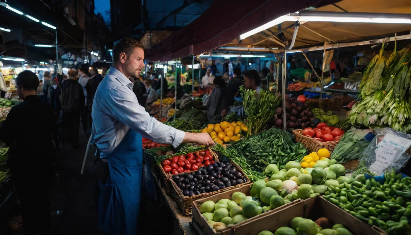 Vendor arranging tomatoes and plums at a night market stall with bright lights and crowds.