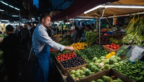 Vendor arranging tomatoes and plums at a night market stall with bright lights and crowds.