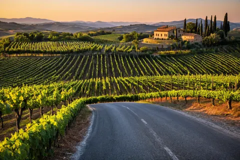 Winding road through sunlit vineyards leading to a stone farmhouse with cypress trees