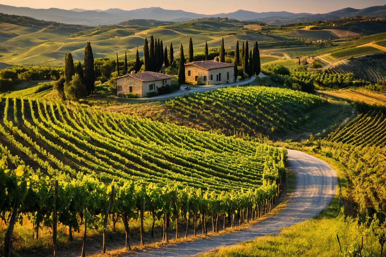 Winding road through sunlit vineyards with stone farmhouses and cypress trees in rolling hills