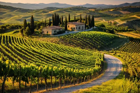 Winding road through sunlit vineyards with stone farmhouses and cypress trees in rolling hills