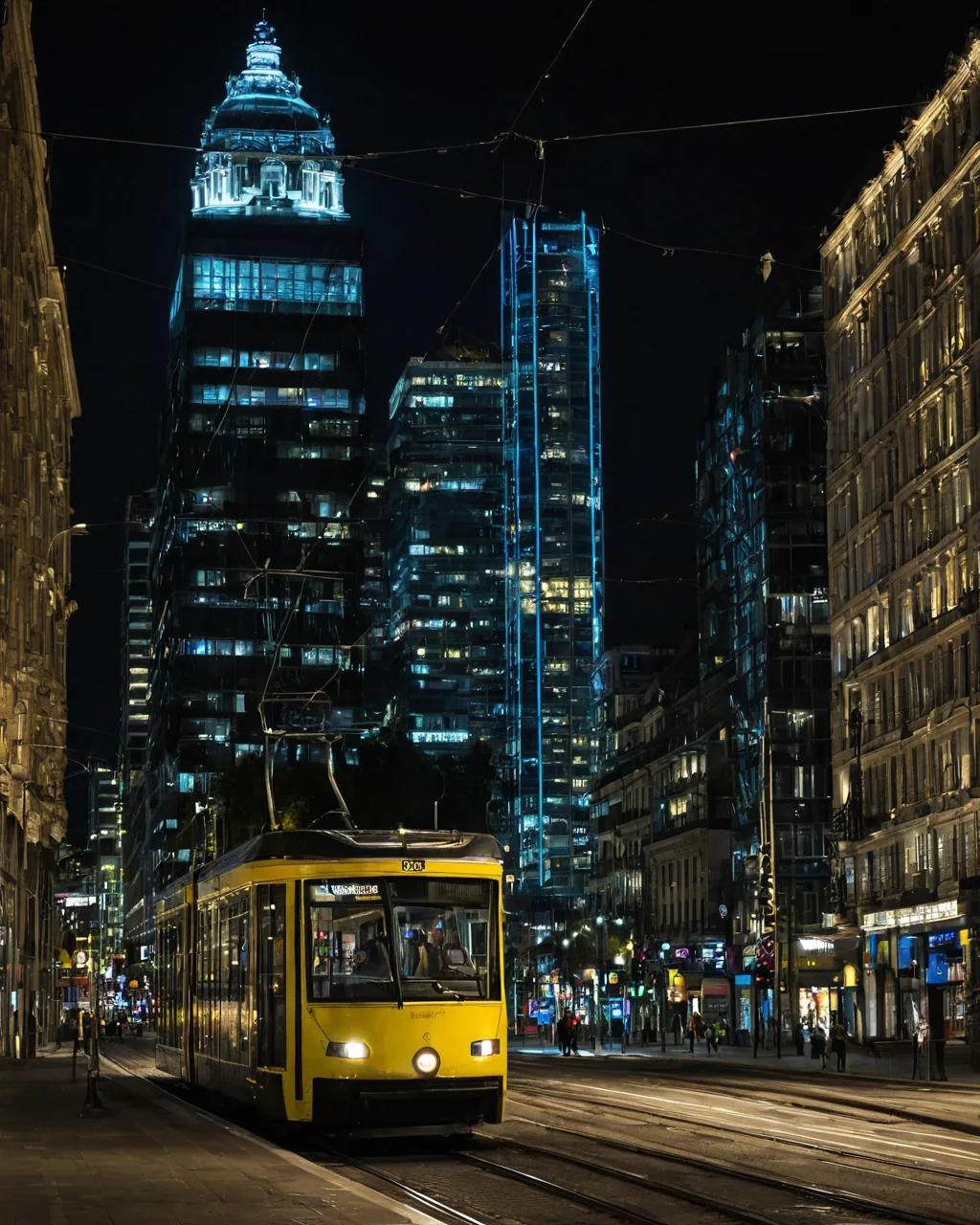 Yellow tram moving through a city at night with illuminated skyscrapers in background