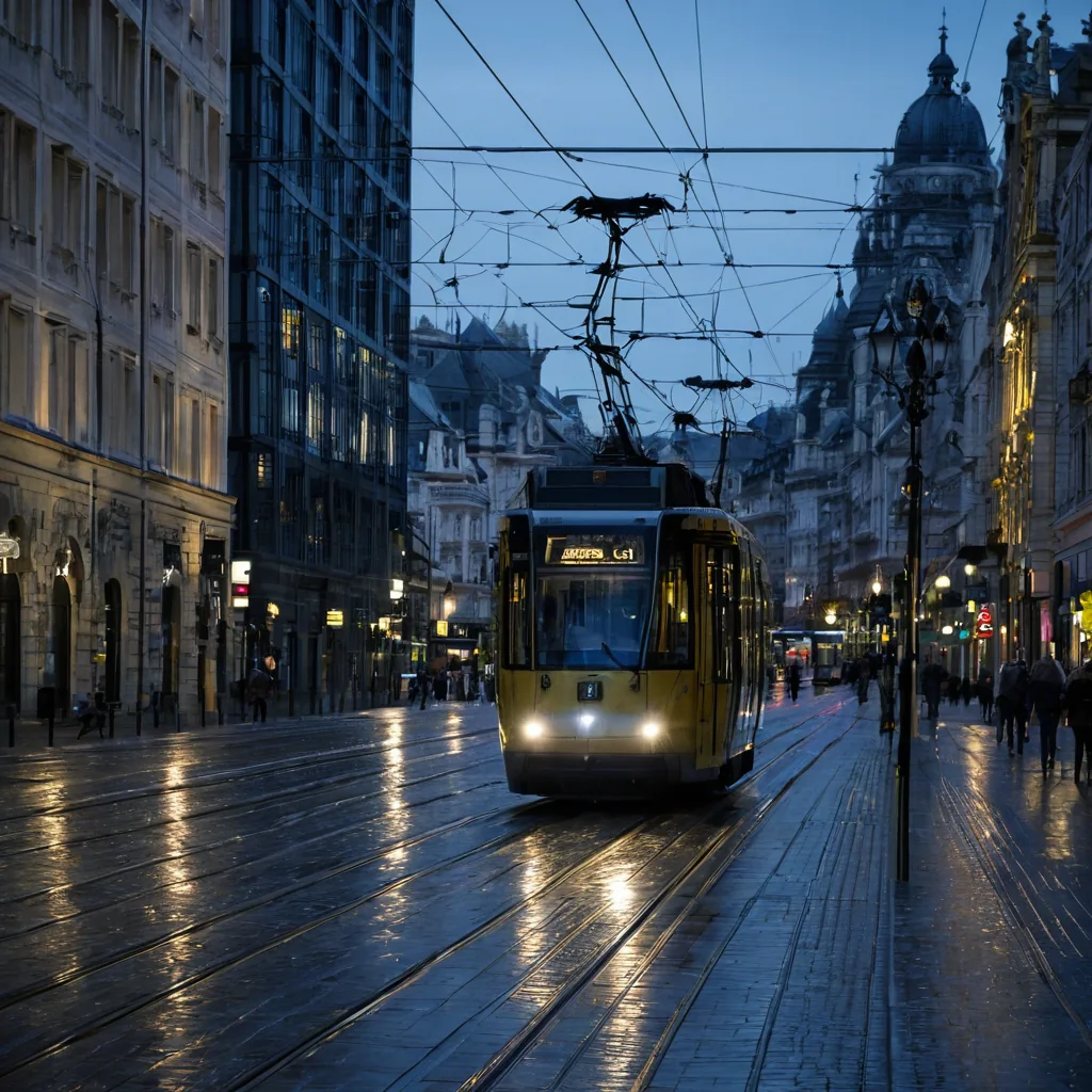Yellow tram on wet street at dusk with historic buildings and glowing lights reflecting on pavement