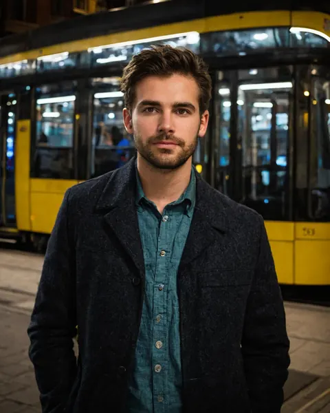 Young man in coat and shirt standing near yellow tram at night in city